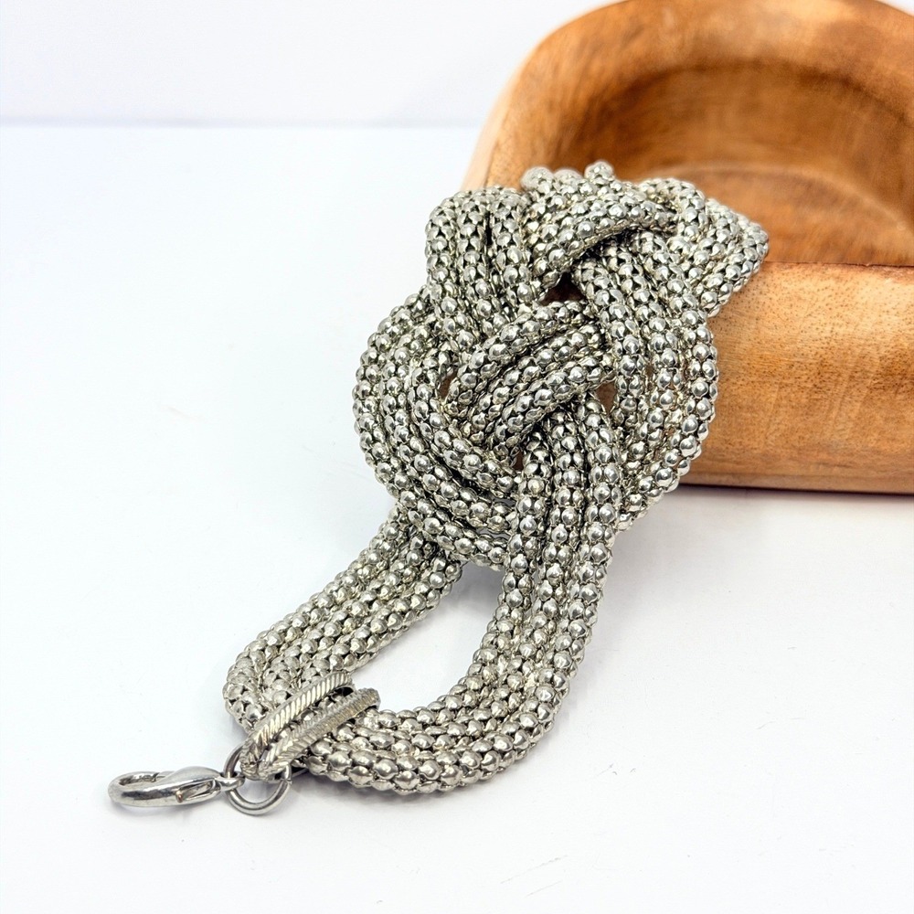 Sculptural Silver Statement Woven Ball Chain Love Knot Bracelet Industrial Chic